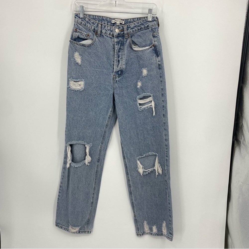 Signature 8 high waist distressed straight jeans Sz M knee holes 28x29